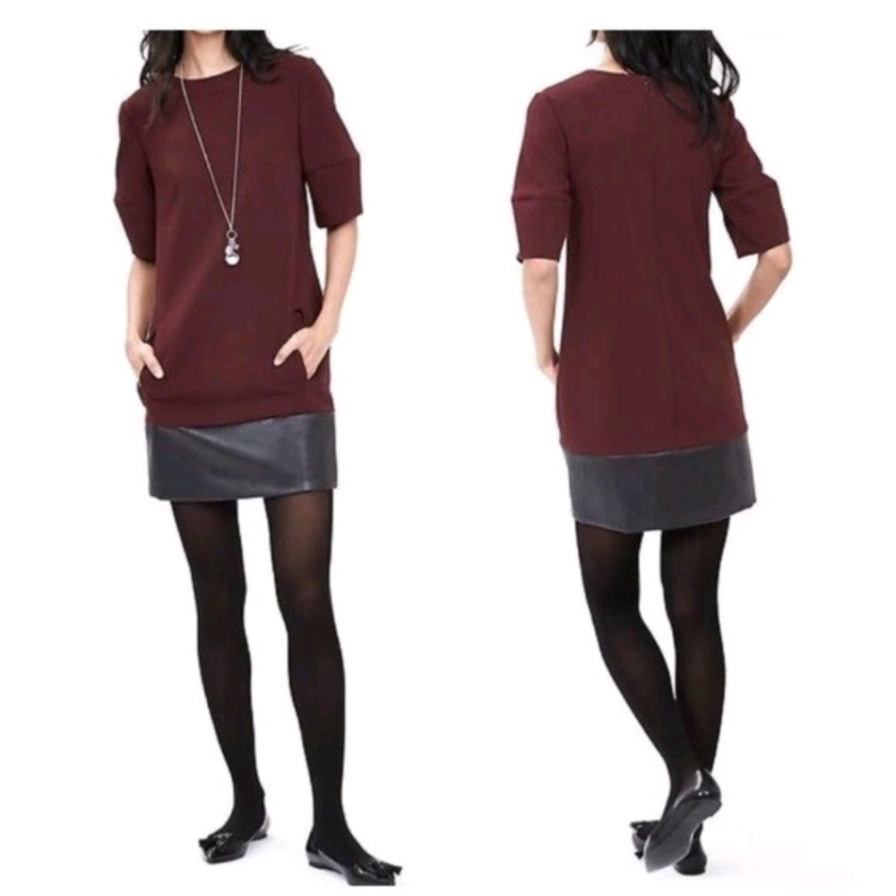 Banana Republic Burgundy And Faux Leather Shift Dress Pockets Womens Size 8